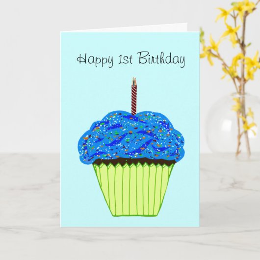 Happy 1. Geburtstag Blue Cupcake Karte (Gelbe Blume)