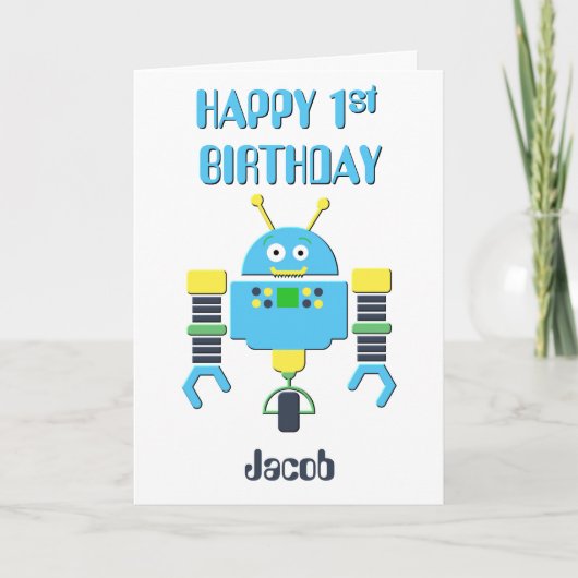Happy 1. Geburtstag Blue Robot Karte (Vorderseite)