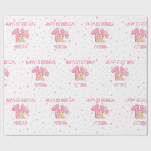 Happy 1. Geburtstag Niedlich Little Pink Bear Girl Geschenkpapier
