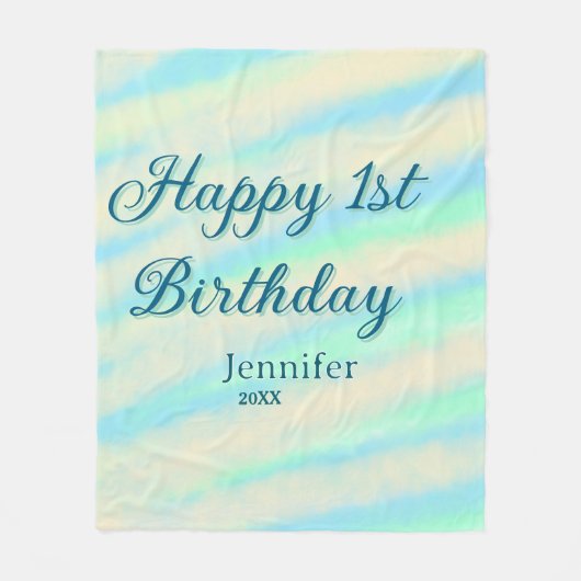 Happy 1st birthday kids baby blue green pastel ret fleecedecke (Vorderseite)