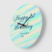 Happy 1st birthday kids baby blue green pastel ret große wanduhr (Winkel)