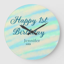 Happy 1st birthday kids baby blue green pastel ret große wanduhr