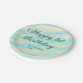 Happy 1st birthday kids baby blue green pastel ret pappteller (Schrägansicht)