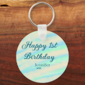Happy 1st birthday kids baby blue green pastel ret schlüsselanhänger (Rückseite)