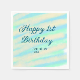 Happy 1st birthday kids baby blue green pastel ret serviette