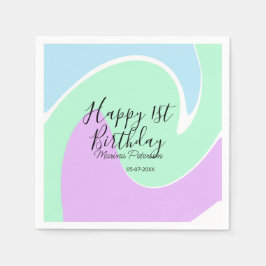 Happy 1st birthday pink green blue acrylic pour  serviette