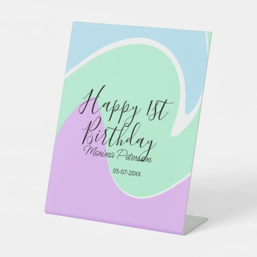 Happy 1st birthday pink green blue acrylic pour  sockelschild (Vorderseite)