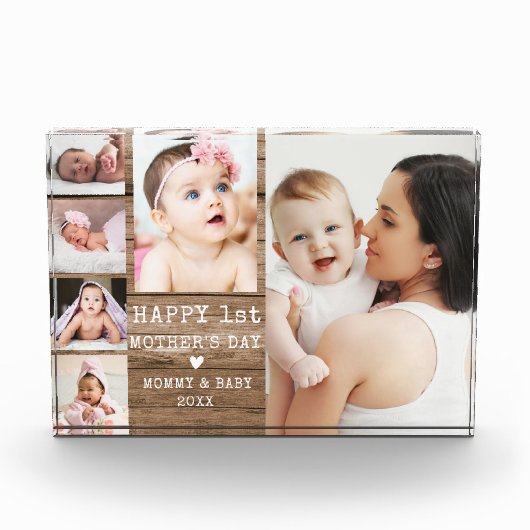 Happy 1st Mother's Day Rustic Wood 6 Photo Collage Fotoblock (Vorderseite)