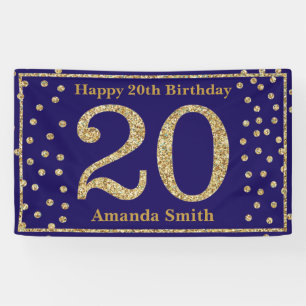 Happy 20. Geburtstag Banner Navy Blue Gold Glitzer