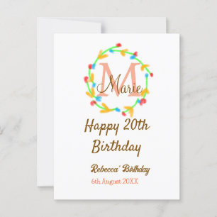 Happy 20. Geburtstag rot Name Monogramm Kranz hinz Postkarte