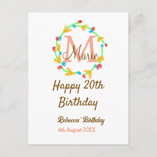 Happy 20. Geburtstag rot Name Monogramm Kranz hinz Postkarte (Vorderseite)