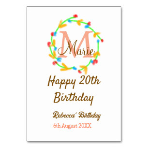 Happy 20. Geburtstag rot Name Monogramm Kranz hinz Tischnummer