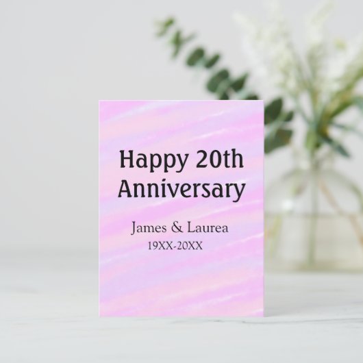 Happy 20th anniversary pink purple pastel name bol postkarte (Stehend Vorderseite)