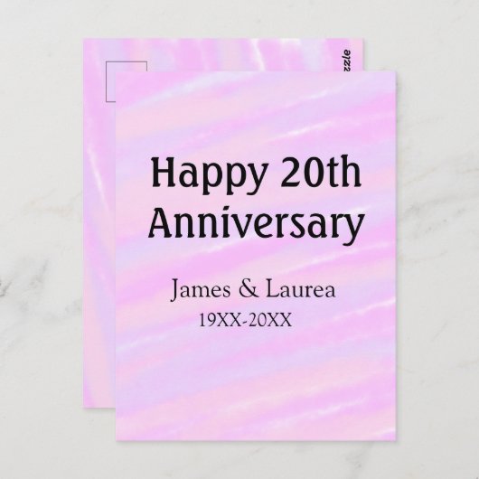 Happy 20th anniversary pink purple pastel name bol postkarte (Vorne/Hinten)