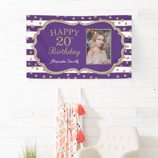 Happy 20th Birthday Banner Purple Gold Photo (Insitu)