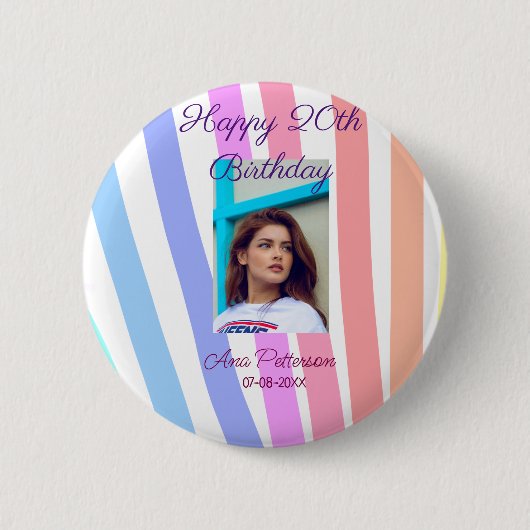 Happy 20th Birthday rainbow rustic boho lines phot Button (Vorderseite)