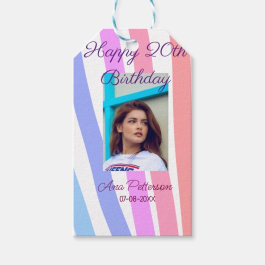 Happy 20th Birthday rainbow rustic boho lines phot Geschenkanhänger (Vorderseite)