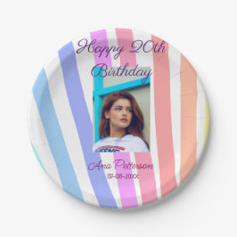 Happy 20th Birthday rainbow rustic boho lines phot Pappteller