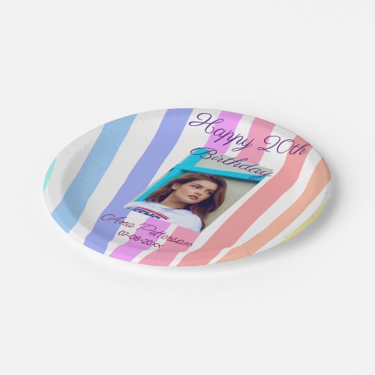 Happy 20th Birthday rainbow rustic boho lines phot Pappteller (Schrägansicht)