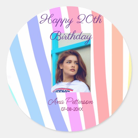Happy 20th Birthday rainbow rustic boho lines phot Runder Aufkleber (Vorderseite)
