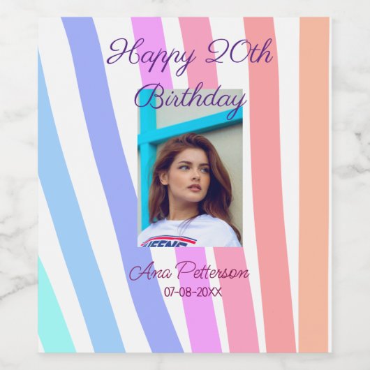 Happy 20th Birthday rainbow rustic boho lines phot Weinetikett (Einzelnes Label)