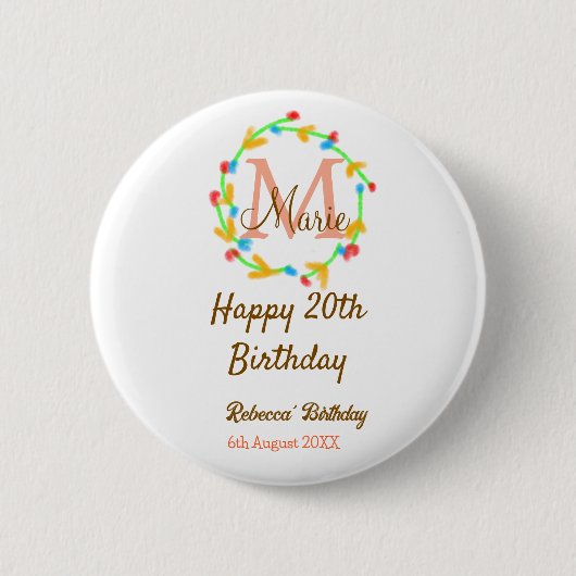 Happy 20th Birthday red add name monogram wreath Button (Vorderseite)