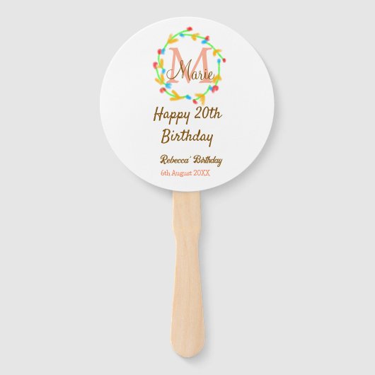 Happy 20th Birthday red add name monogram wreath Fächer (Vorderseite)