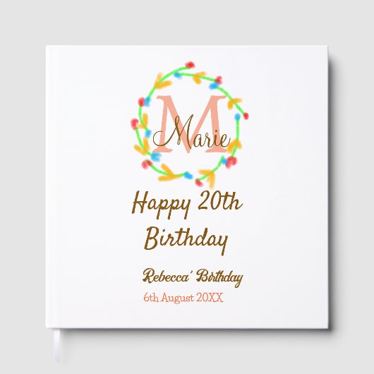 Happy 20th Birthday red add name monogram wreath Gästebuch (Vorderseite)