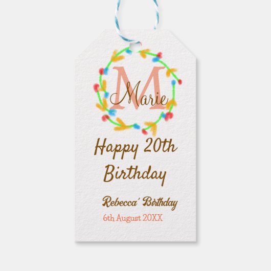 Happy 20th Birthday red add name monogram wreath Geschenkanhänger (Rückseite)