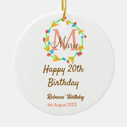 Happy 20th Birthday red add name monogram wreath Keramik Ornament (Vorne)
