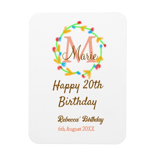 Happy 20th Birthday red add name monogram wreath Magnet (Vertikal)