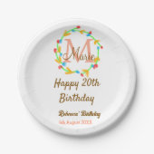 Happy 20th Birthday red add name monogram wreath Pappteller (Vorderseite)