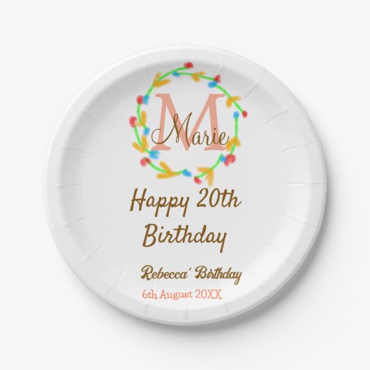 Happy 20th Birthday red add name monogram wreath Pappteller (Vorderseite)