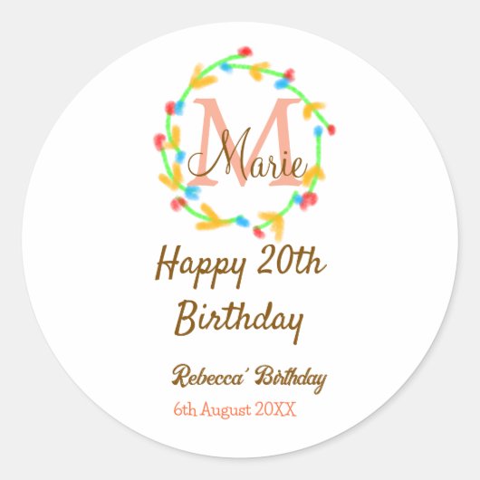 Happy 20th Birthday red add name monogram wreath Runder Aufkleber (Vorderseite)