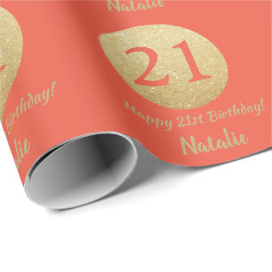Happy 21. Geburtstag Coral Orange und Gold Glitzer Geschenkpapier