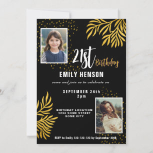 Happy 21. Geburtstag Gold Foliage 2 Foto Party Einladung