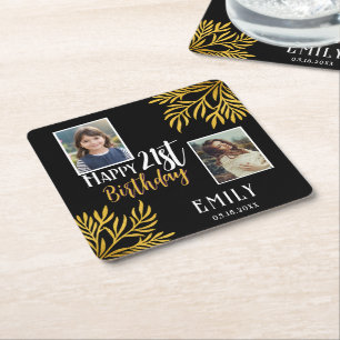 Happy 21. Geburtstag Gold Foliage 2 Foto Party Rechteckiger Pappuntersetzer