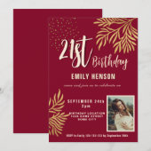 Happy 21. Geburtstag Gold Foliage Foto Party Einladung (Vorne/Hinten)