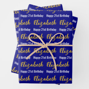Happy 21. Geburtstag Gold Script Name Navy & White Geschenkpapier Set