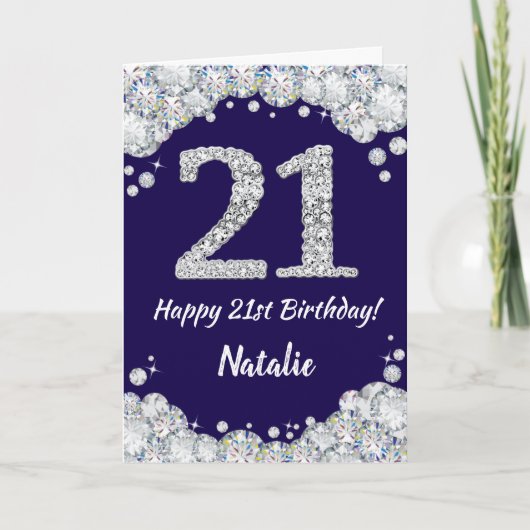 Happy 21. Geburtstag Navy Blue und Silver Glitzer Karte (Vorderseite)
