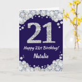 Happy 21. Geburtstag Navy Blue und Silver Glitzer Karte (Gelbe Blume)