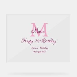 Happy 21. Geburtstag pink hinzufügen Name monogram Acrylschild