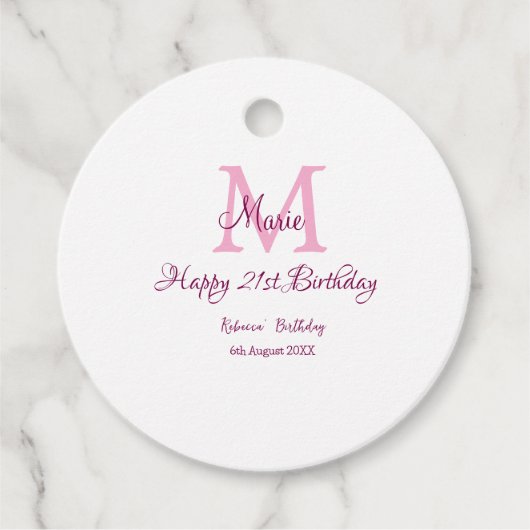 Happy 21. Geburtstag pink hinzufügen Name monogram Geschenkanhänger (Vorderseite)