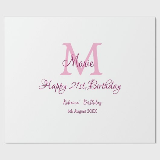 Happy 21. Geburtstag pink hinzufügen Name monogram Geschenkpapier (Flach)