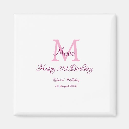 Happy 21. Geburtstag pink hinzufügen Name monogram Magnet (Vorne)