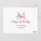 Happy 21. Geburtstag pink hinzufügen Name monogram Postkarte (Rückseite)