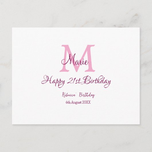 Happy 21. Geburtstag pink hinzufügen Name monogram Postkarte (Vorderseite)