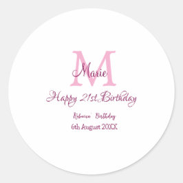 Happy 21. Geburtstag pink hinzufügen Name monogram Runder Aufkleber