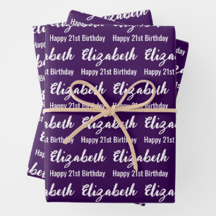 Happy 21. Geburtstag Script Name Dunkelviolett Wei Geschenkpapier Set