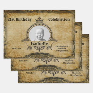 Happy 21. Geburtstag Vintages Foto Monogram Gold Geschenkpapier Set